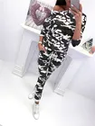 Женский комплект с длинным рукавом, футболка с высокой талией, длинные штаны, Новый леопардовый Камуфляжный повседневный комплект размера плюс, 2019
