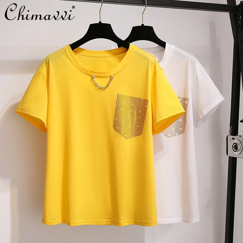 

Rhinestone White Oversized Casual T Shirt Women's Short Sleeve Loose Korean T Shirt 2021 Summer Female Round Neck T Shirt
