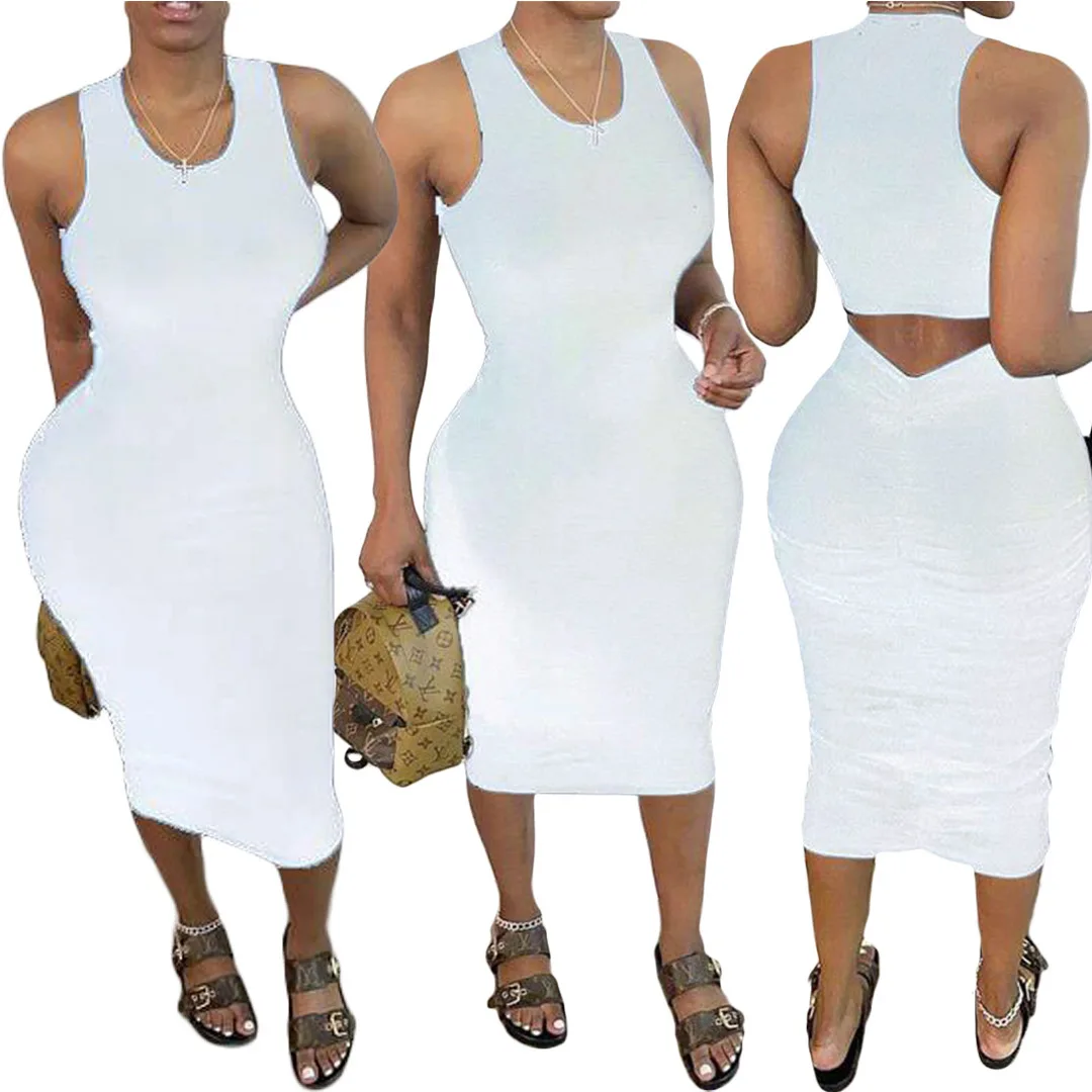 

2021 Summer New Women's Dress Spring and Summer Solid Color Hollow Sleeveless Pleated Irregular Midi Dress