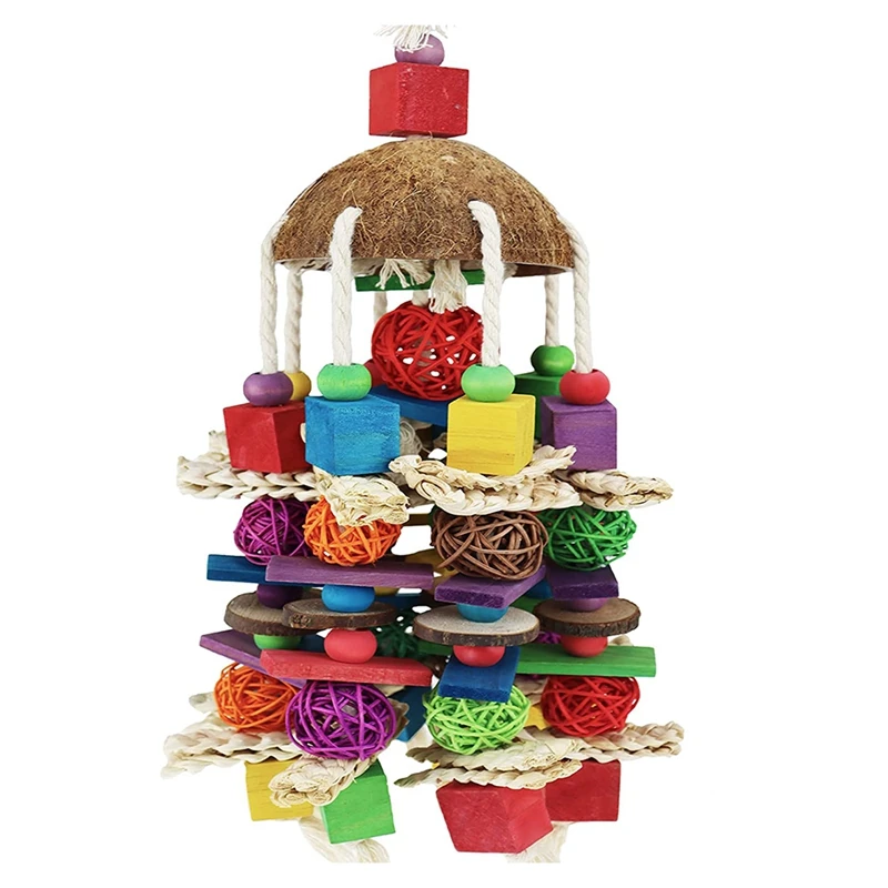 

Large Parrot Bird Toys- Natural Wood Bird Block Toys Bird Chewing Toy Hanging Bird Bite Toys for Macaws African