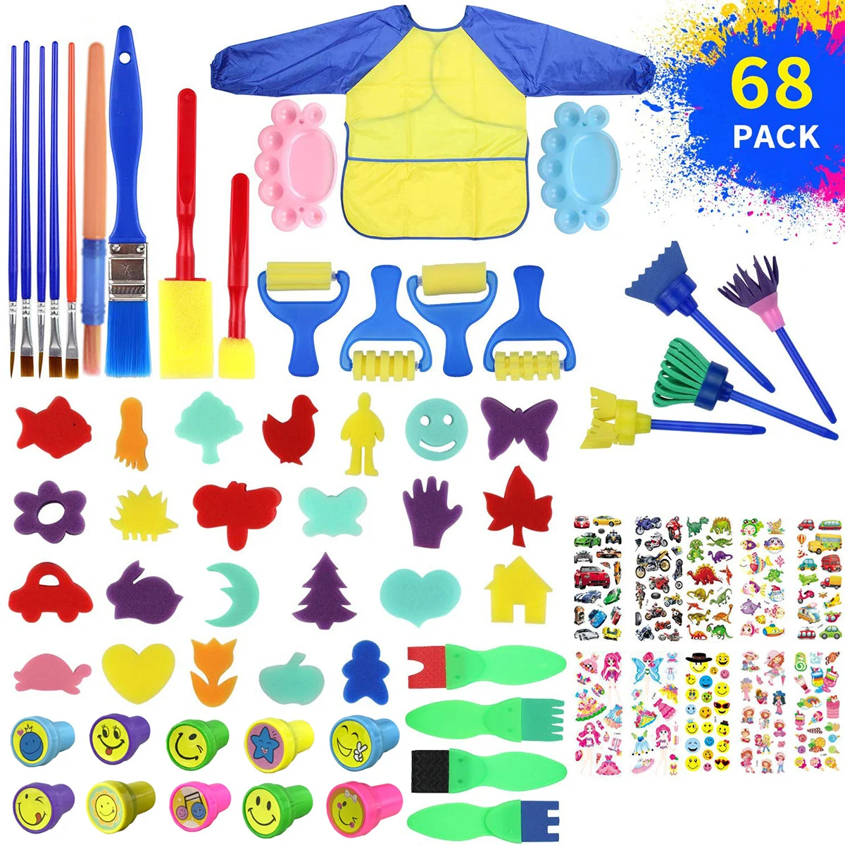 

68pcs/Lot Kids Sponge Painting Brushes Set Child Painting Brushes Stamps Stickers Long Sleeve Waterproof Apron​ Drawing Art Sets