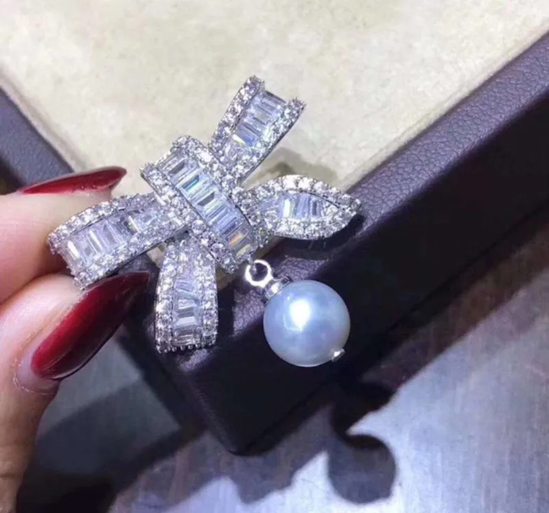 FXLRY New elegant bow freshwater pearl brooch micro-inlaid zircon pin fashion women coat | Украшения и аксессуары