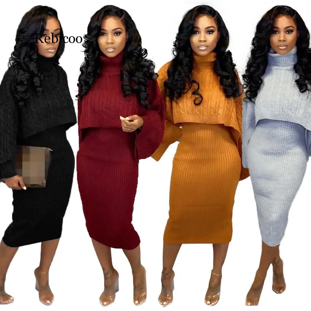 

New Sales Fall Winter Sweater Dress Two-Piece Set Women Fashion Turtle neck Long Sleeve Pullover Knitted Sweater + Bodycon Dress