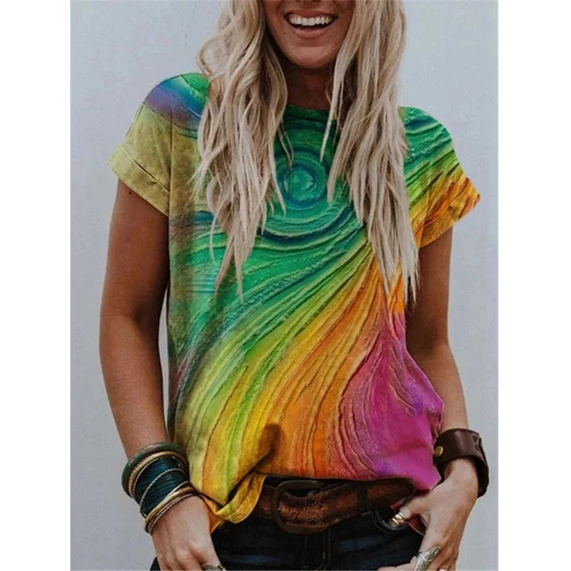 

Fashion Women's Tie Dye Prints Short Sleeve Round Neck Summer Tops Casual Baggy Graphic Tee T-shirt