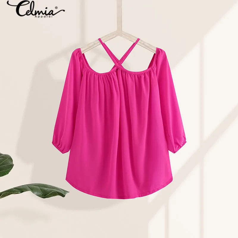 

Celmia Sexy Halter Summer Shirts Women Tops and Blouses 2021 Casual Off Shoulder Long Sleeve Solid Party Chiffon Blusas Feminina
