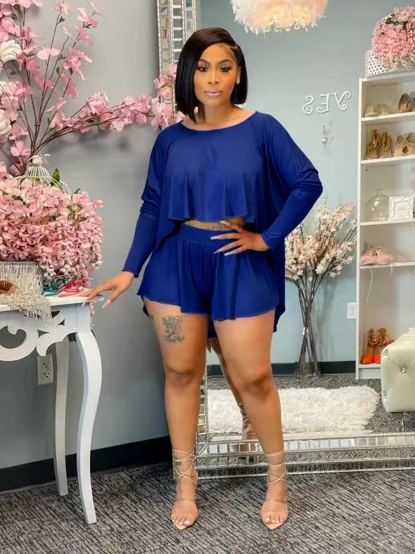 

2021 New Solid Free Lazy Daily Young Full Sleeve X-Long Tees Women 2 Piece Set Gym Short Pants Suit Women Active Wear