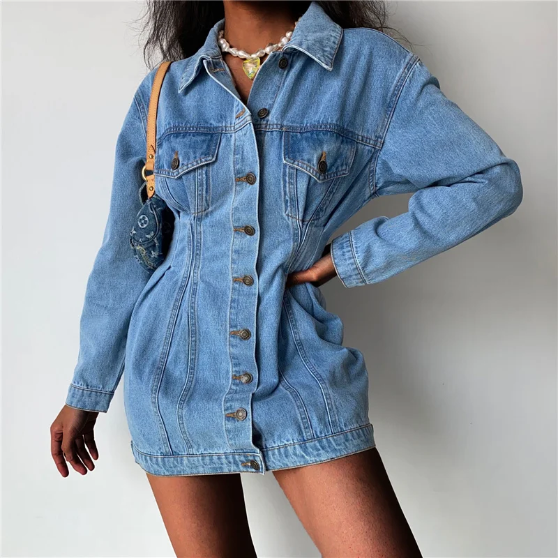 

Solid Denim Jacket Dress Women 2021 Autumn Winter New Slim Fit Pleated Dresses Retro Long Sleeve Cowboy Siamese Mid-Length Dress