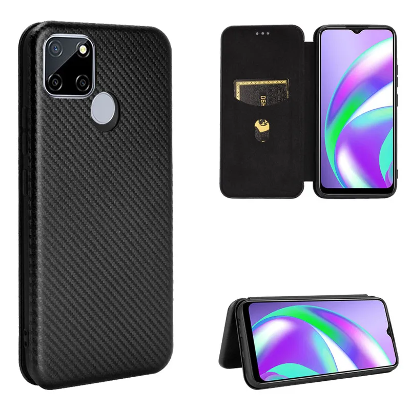 

2021 Realme Narzo 20 Case Fashion Carbon Fiber PC Hard Card Holder Slim Leather Case For Realme Narzo20 RMX2193 Wallet Flip Cove