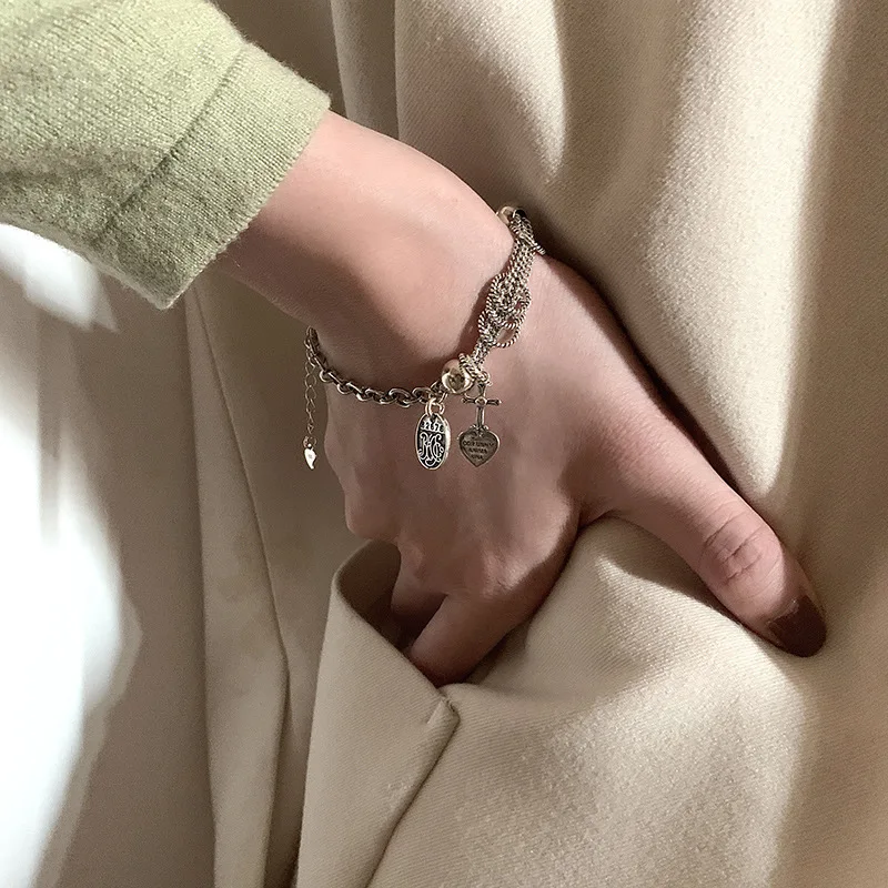 

IHUES 925 серебряный крест браслет с кулоном сердце для женщин в винтажном стиле, в стиле «хип-хоп» твист плетеные браслеты, ювелирные изделия