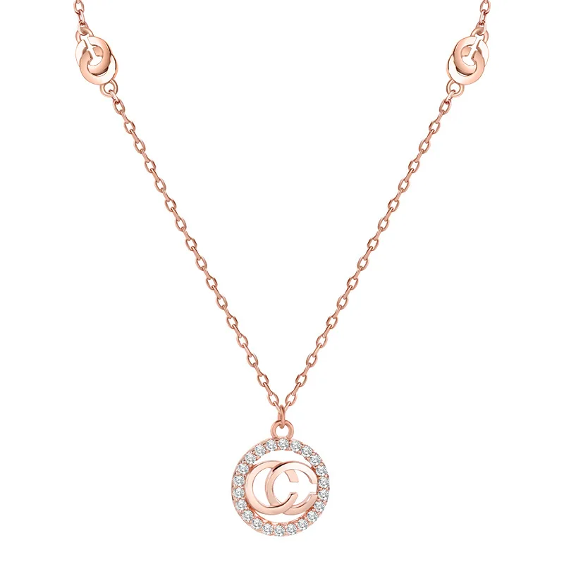 

100% S925 Sterling Silver Necklace Original Rose Gold Round Letter CC Zircon Women Fashion Jewelry Couple Holiday Gift