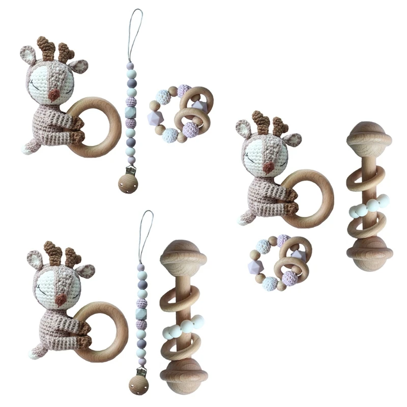 

Baby Pacifier Clip Chain Dummy Holder Wooden Teething Bracelet DIY Crochet Animal Deer Teether Infants Rattle Soother Molar Toy