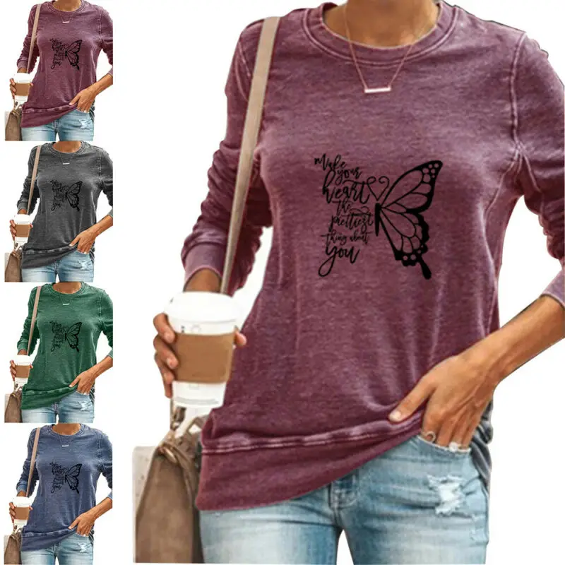 

Womens Casual Letter & Butterfly Printed Long Sleeve T-Shirts Ladies Baggy Tops