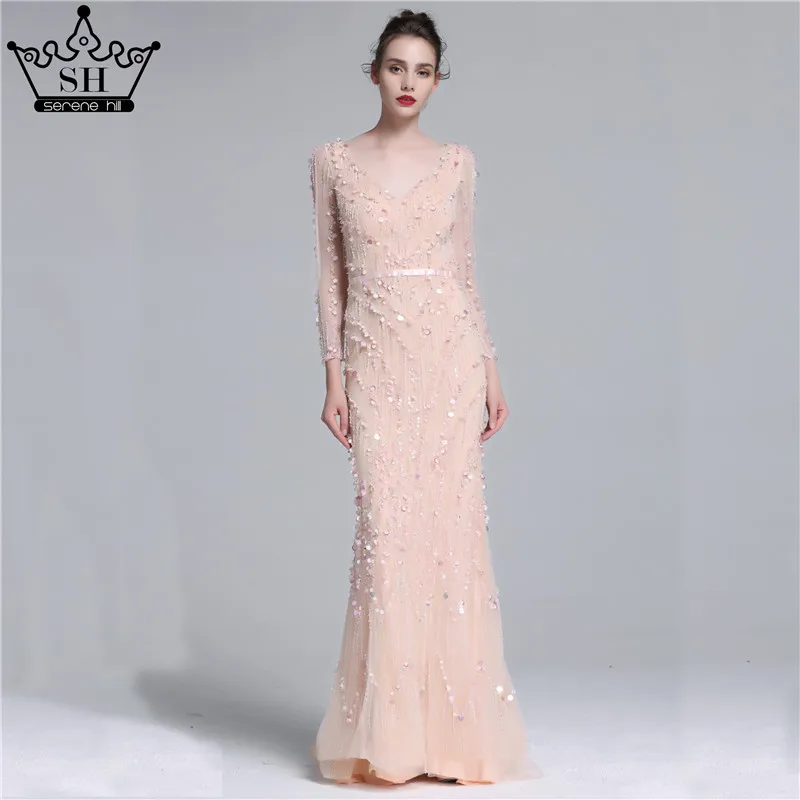 Pink Дубай Robe De Soiree Роскошные вечерние платья с длинным рукавом настоящая фотография Кристалл Блестки темно-синий Русалка Вечерние платья BLA6010 - Цвет: Pink