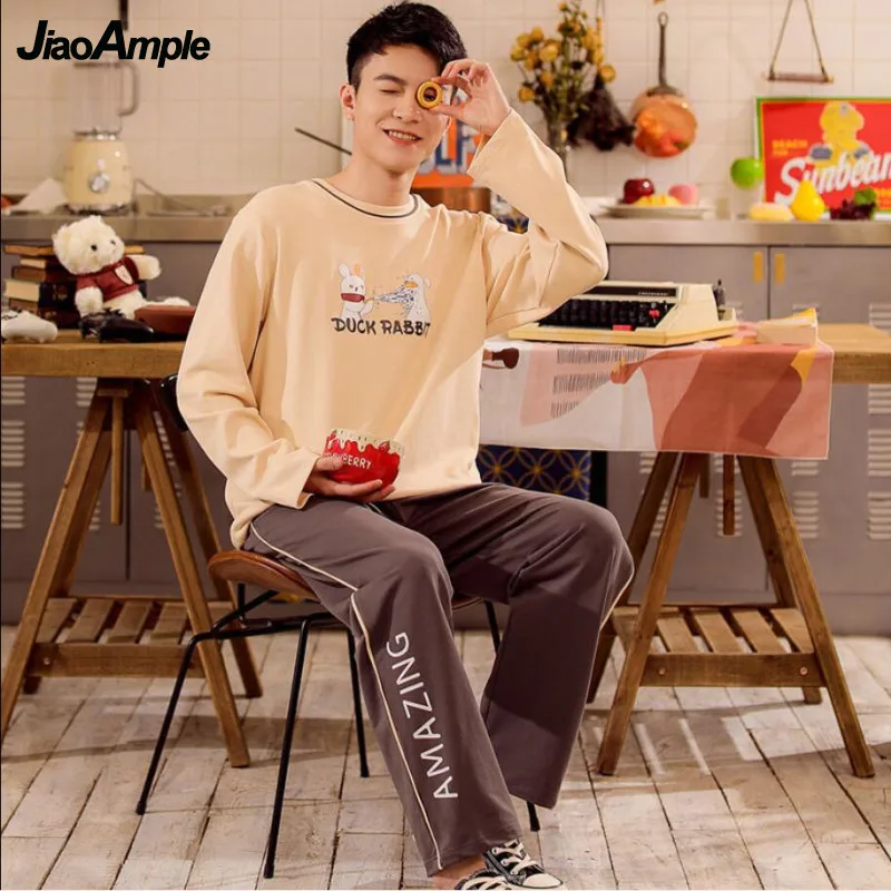 Pajamas Men's Cotton O-Neck Long-sleeved Trousers Pijamas Two-piece 2022 New Autumn Winter Cute Cartoon Homewear Sleepwear Set