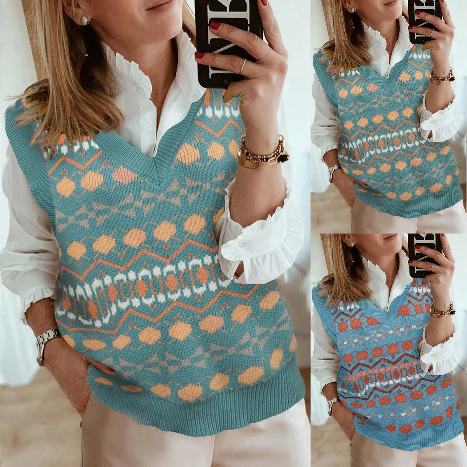 

Women Autumn Winter Knitted Sweater Vest Cardigan Women's Preppy Style Knitwear Tank Top Sleeveless V-Neck Vintage Sweater Vest#