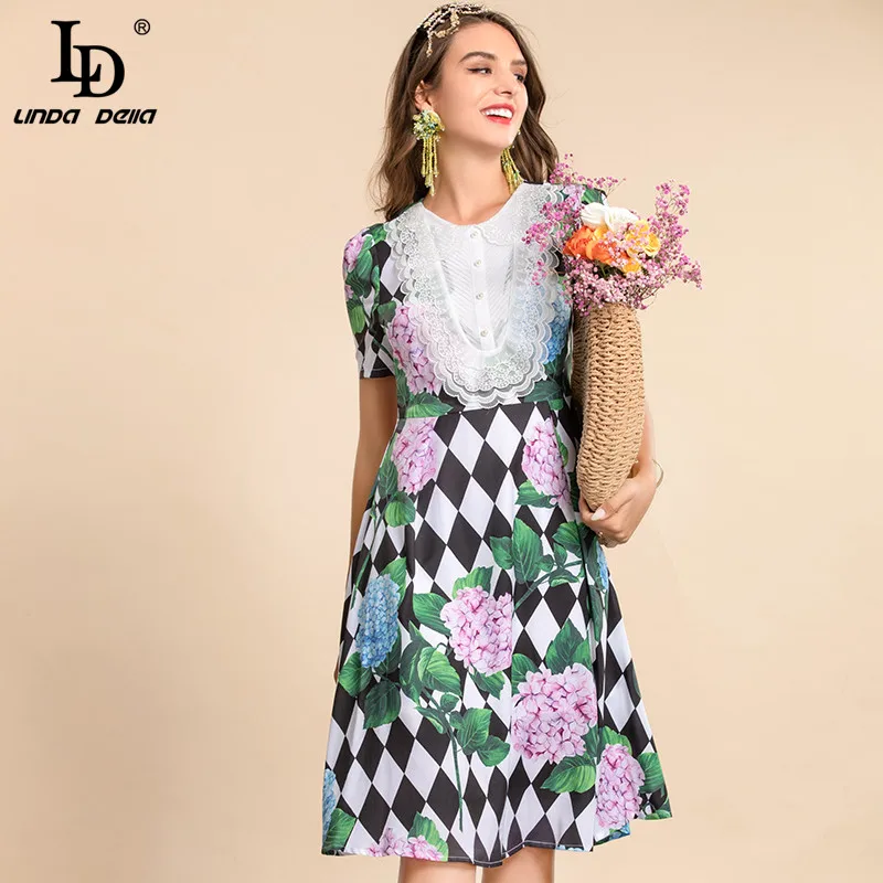 

LD LINDA DELLA Fashion Designer Summer Vintage Party Dress Women's Embroidery Peter pan Collar Floral print Elegant Midi Dress