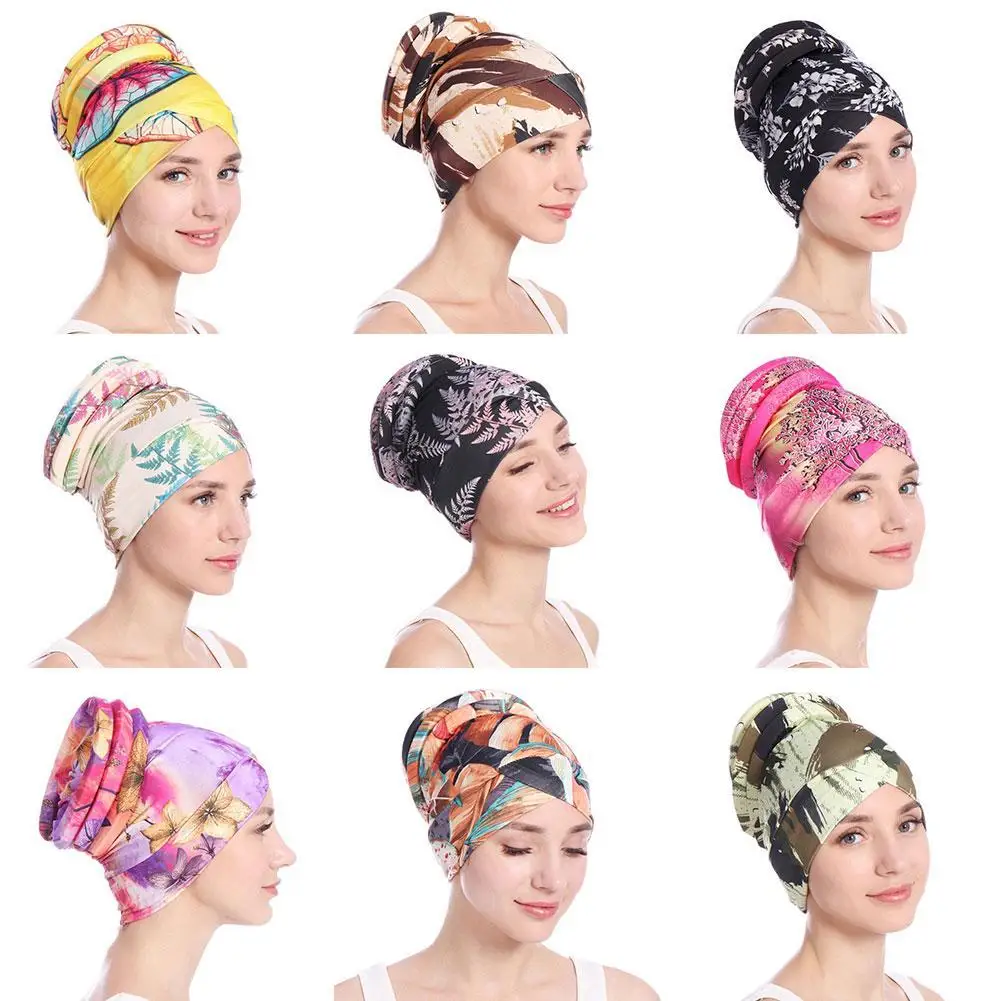 

Floral Printed Indian Hat Multicolor Muslim Fashion Street Style Jersey Turban Hat Stretch Baotou Soft Hat Underscarf Under P8U9