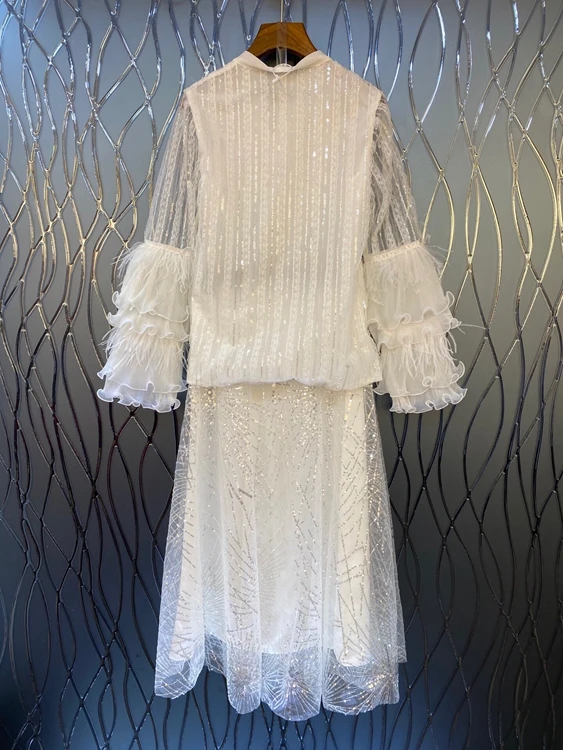 

2020 autumn and winter new women's neckline knotted bright perspective long-sleeved shirt + half skirt 2-piece set 1224