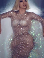 luxury glistening diamonds pearls long sleeve women dress skinny stretch mini dresses singer stage leotard nightclub outfit