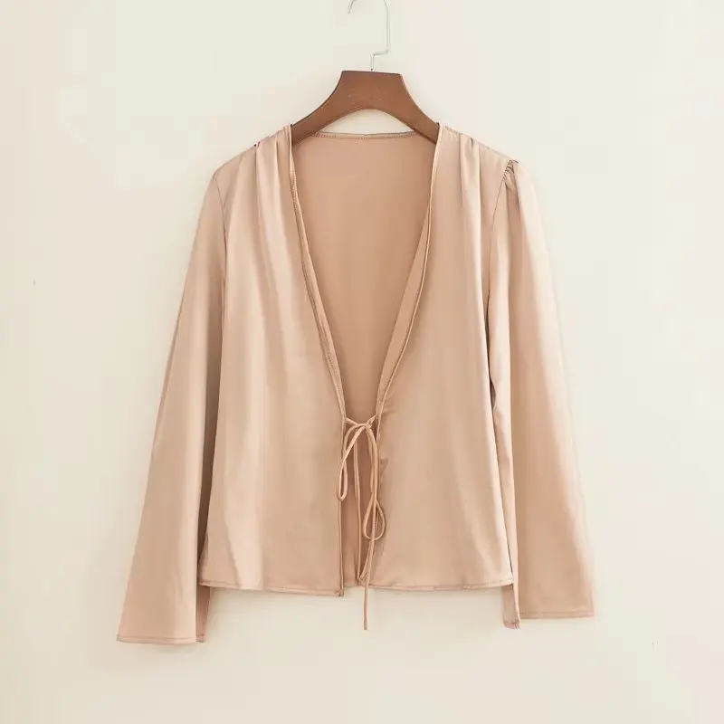 Женская атласная блузка с оборками черный укороченный Топ длинным рукавом