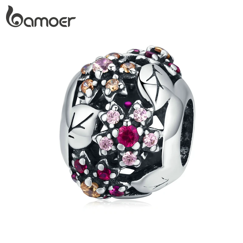 

bamoer Silver 925 Jewelry Cherry Blossom Flower Round Metal Beads for Jewelry Making Charm for Original Bracelet Bangle SCC1446