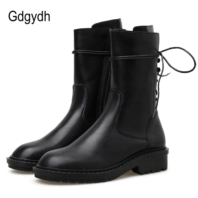 Женские ботинки на шнурках Gdgydh кожаные мотоциклетные до середины икры резиновой