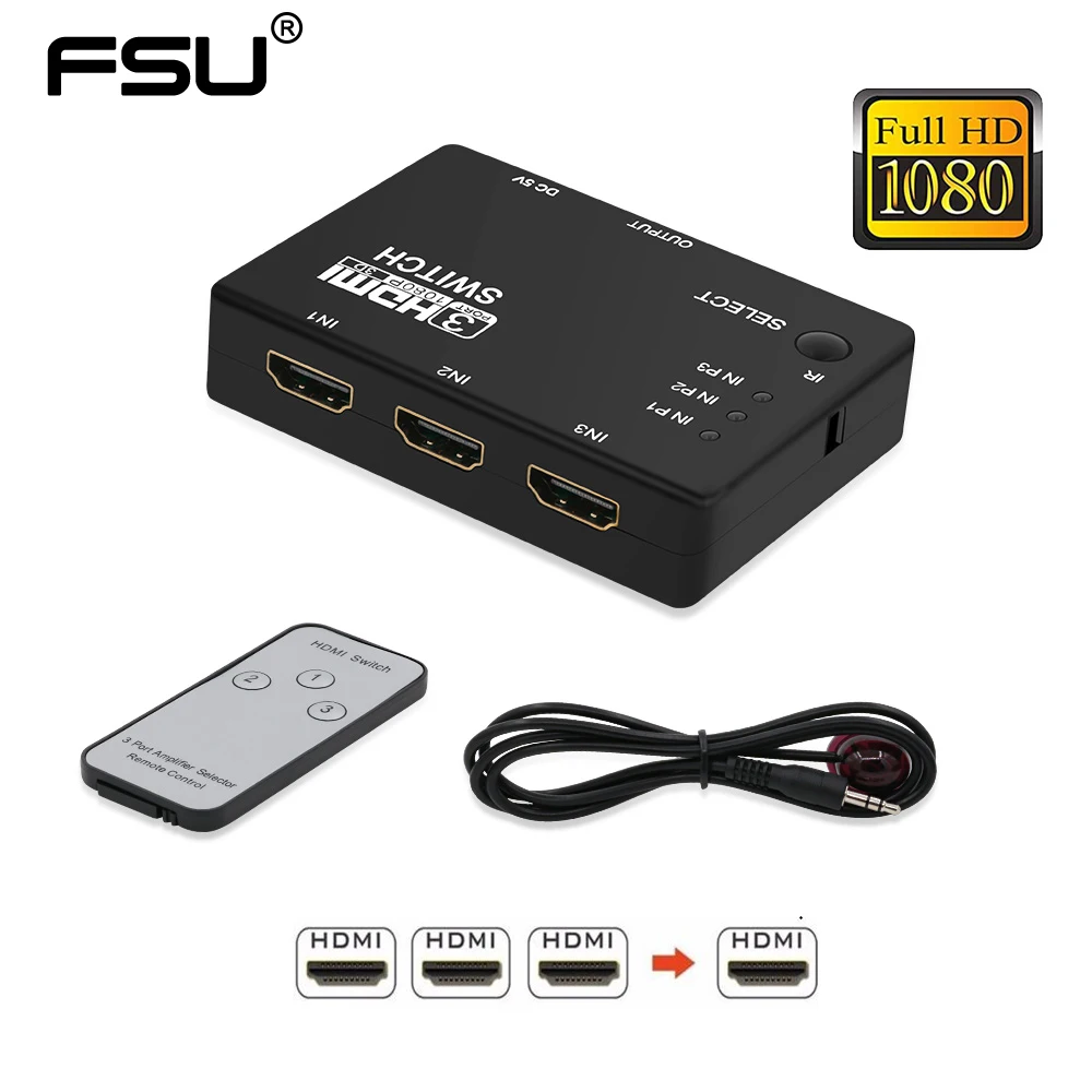 FSU 3 In 1 Out Switcher Port Hub Box Auto Switch 3x1 HDMI Splitter 1080p HD 1.4 With Remote Control for HDTV DVD PC Laptop TV |