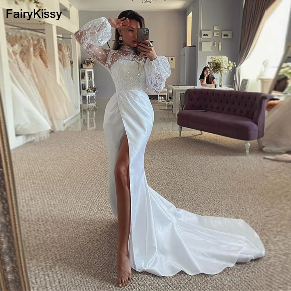 

Loverkissy Classic Lace Wedding Dresses Mermaid with High Slit Puffy Sleeve High Nech Bridal Gowns Princess Party Dress 2022