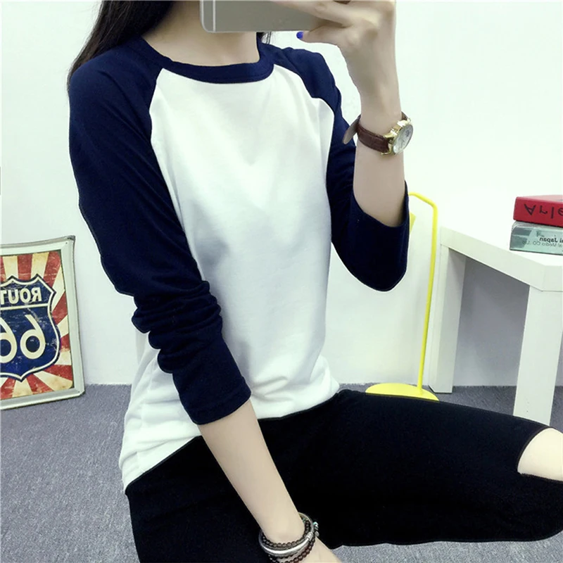 

Women T-shirt 2021 Autumn Long Sleeve Color Block Tees Patchwork Fall New Multicolor O Neck Basic Tops Vetement Femme