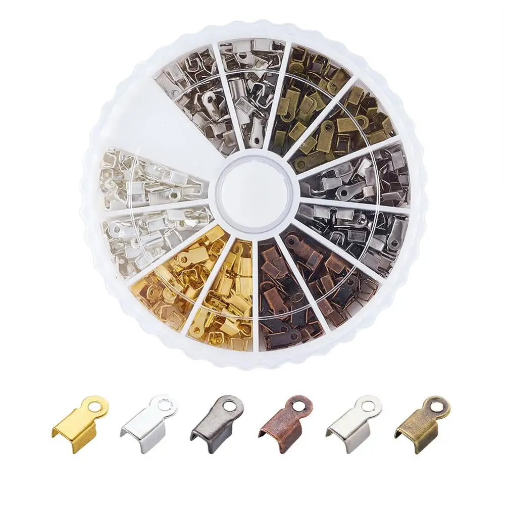 

420pcs/box Mixed 6 Colors Iron Folding Crimp Ends Cove Clasps Cord End Caps String Ribbon Leather Clip Tip Jewelry Connectors