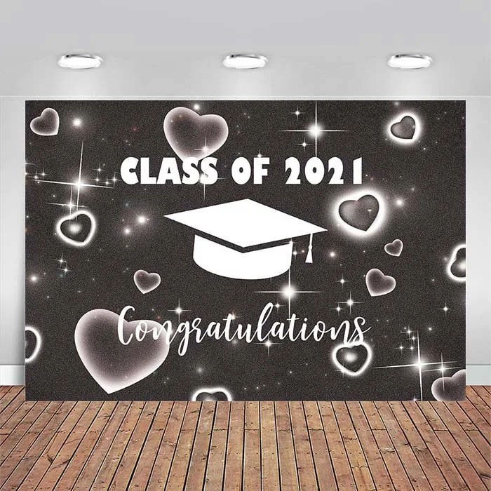Class of 2021 Backdrop Black White Early 2000s Heart Star Photo Background for College Primary University Graduation Prom Party