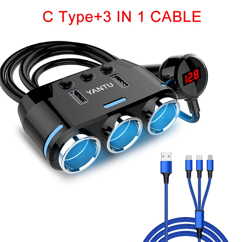 12 V-24 V автомобильный прикуриватель с 3 разъемами, светодиодный usb-адаптер для зарядки, 1A 2.1A 100 W, монитор напряжения для телефона - Название цвета: Type C