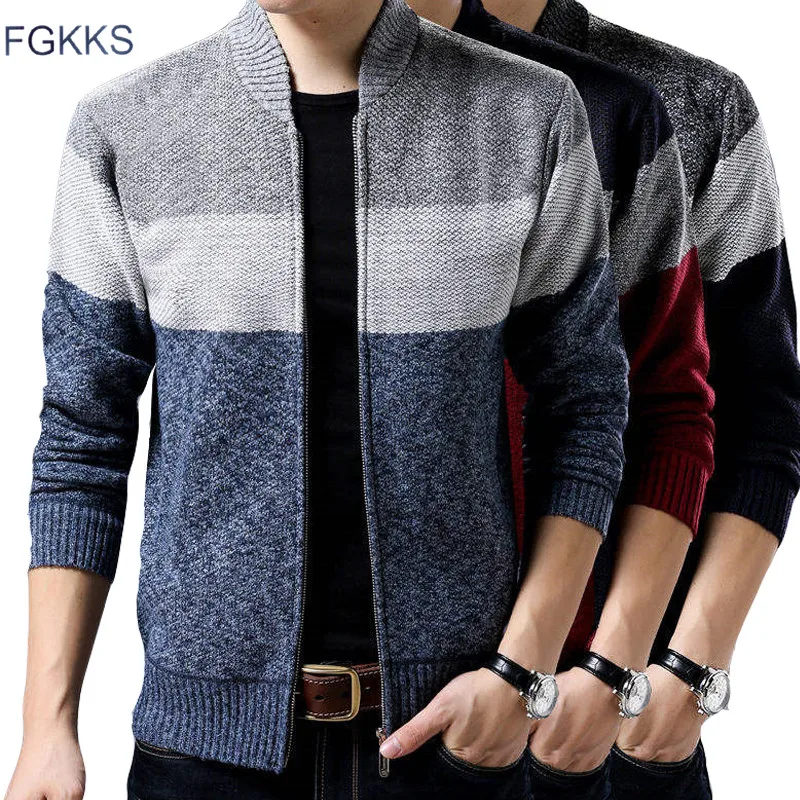 

FGKKS Brand Men Sweaters Coat Winter Warm Men's Fashion Cardigan Sweater High Quality Knitting Male Splice Wool Slim Sweater