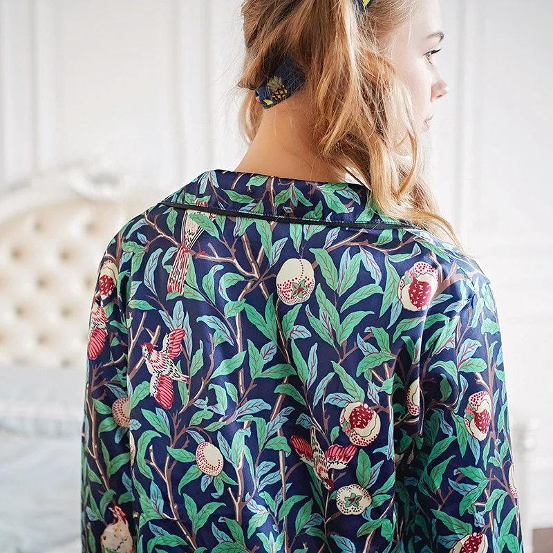 

Green Print 2PCS Women Pajamas Sets Sexy Turn-Down Collar Pyjamas Sleepwear Full Sleeve&Pant Nightwear Casual Summer Home Wear