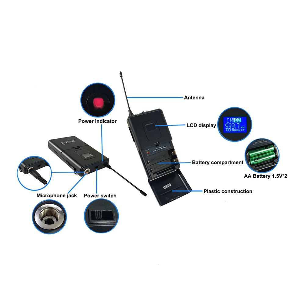 2 Channel UHF Wireless Microphone System 1CH Handheld Mic Headset Lapel Lavalier Earphone For Stage Church SMU-0202AB | Электроника