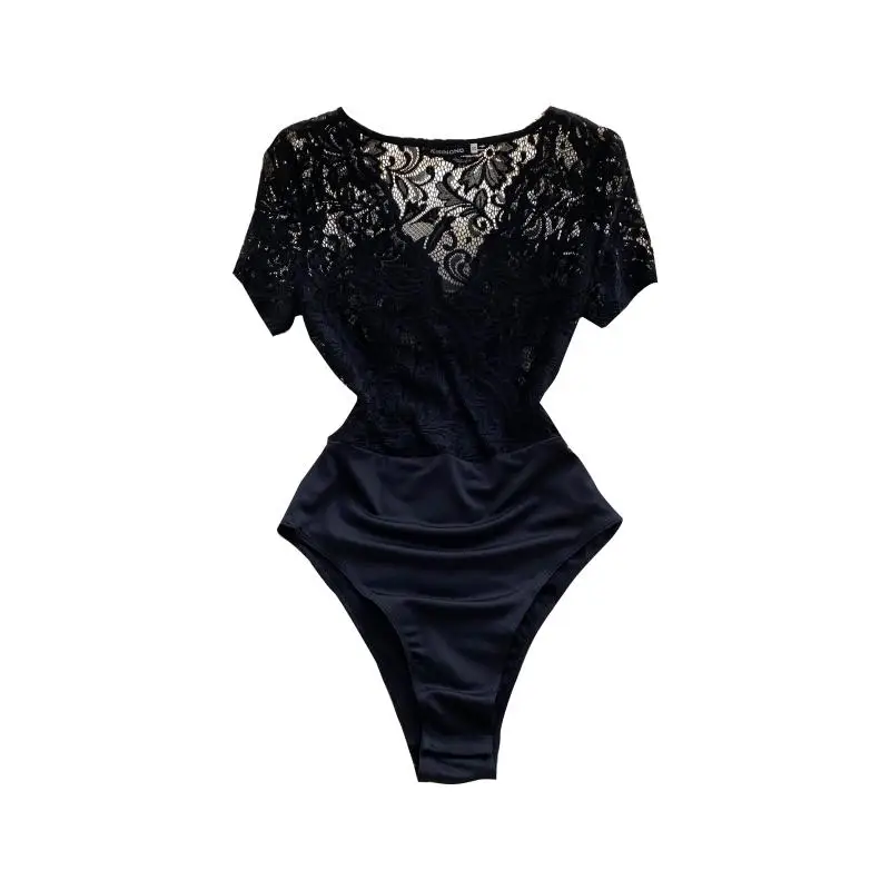 

Women Sweet Lace Rompers French Short Sleeve V Neck Slim Jumpsuits Summer Fashion Sexy Streetwear Short Bodysuit