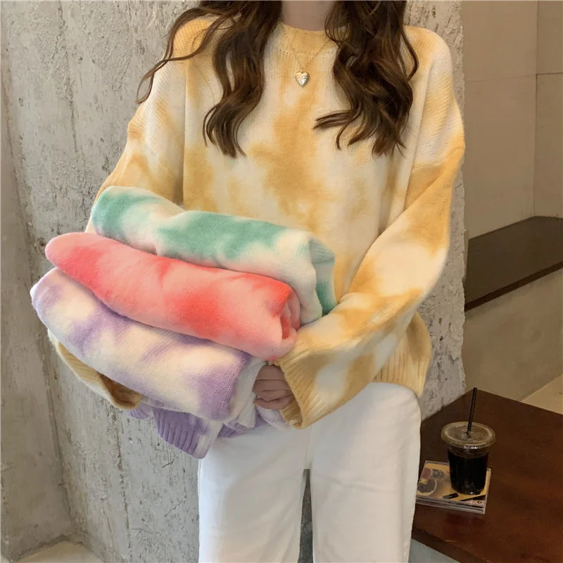 

Вязаный свитер Tie Dye, Женские Элегантные зеленые пуловеры оверсайз, женские зимние свободные свитера с принтом, уличная одежда, женский свит...