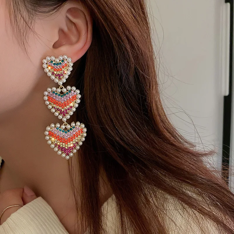 

European and American Fashion Personality Color Diamond Pearl Love S925 Silver Needle Earrings Female Temperament Retro Earrings