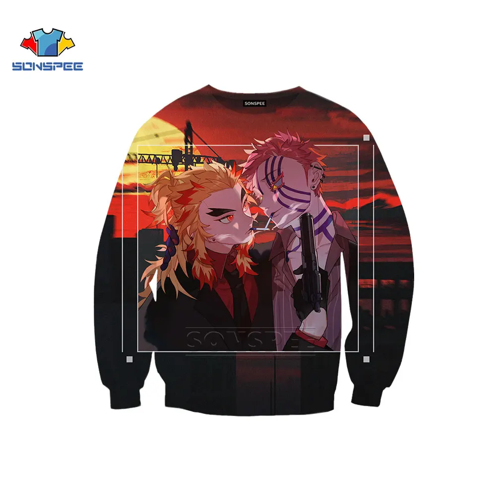 

SONSPEE Demon Slayer Anime Sweatshirt New Men Women Hoodies Print Cute Harajuku Muscle Cute Sleeve Fashion Top O Neck Pullove