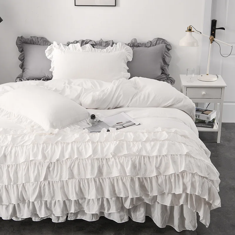 

Soft Korean Style Princess 4pcs Bedding Set Many Layer Ruffles Duvet Cover Bed Skirt Bed Sheet Pillowcases White Pink Gray Blue