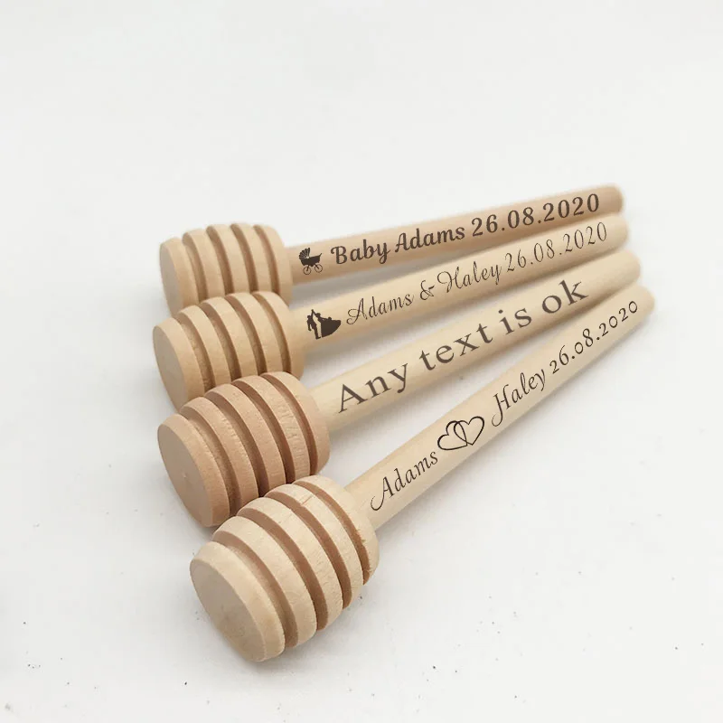 20/50/100PCS Personalized Mini Honey Mixers Custom Wedding Party Gifts Baby Bath And Baptism Dessert Utensils Wooden Spoons Logo