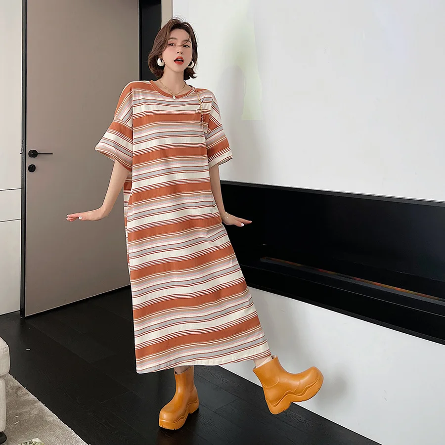 

2021 NEW Summer Maxi Women Long Dress Stripe Dresses Classic Oversize Casual Sundress Cotton Plus Size