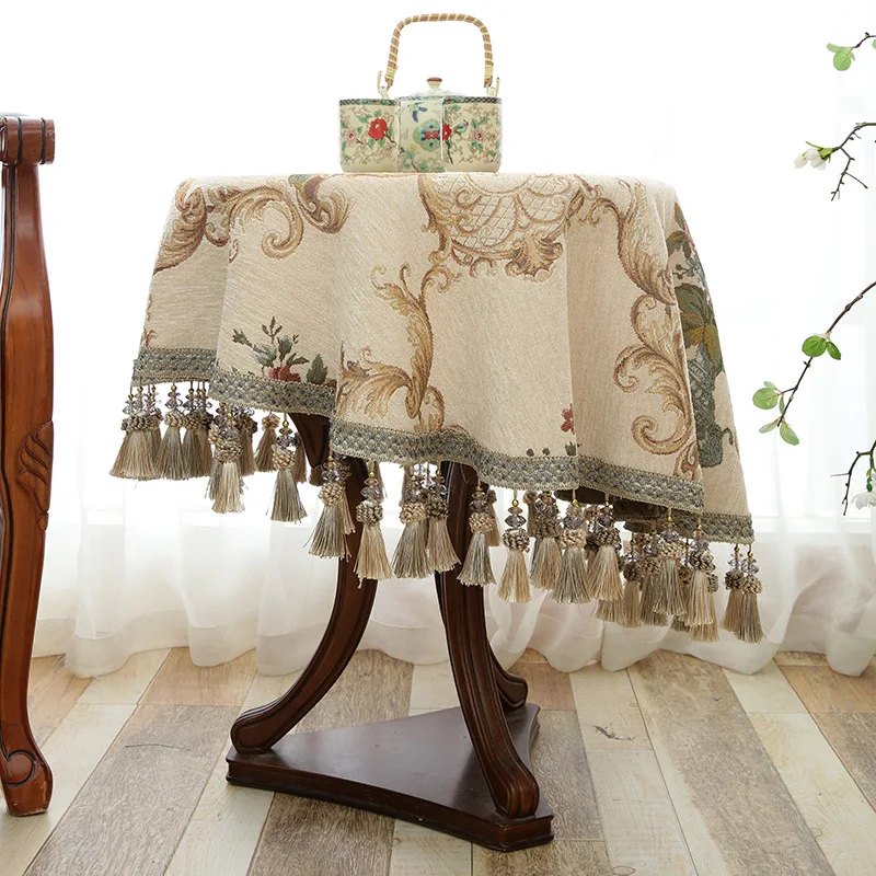 

Retro Chenille Jacquard Round Tablecloth Party with Tassels Kitchen Dining Coffee Table Cover Floral Beige Blue European 180cm
