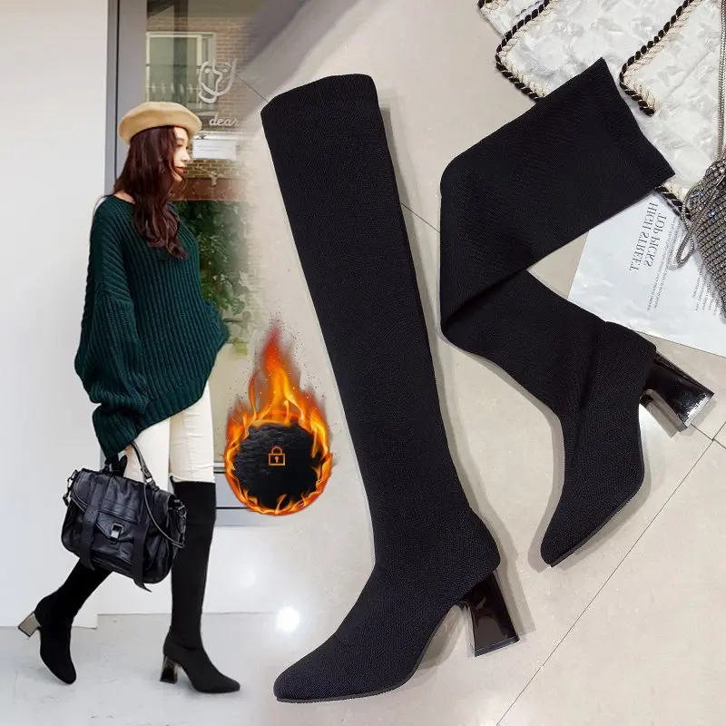 Ботфорты Aphixta женские вязаные сапоги из эластичной ткани высокие на каблуке 7 5 см