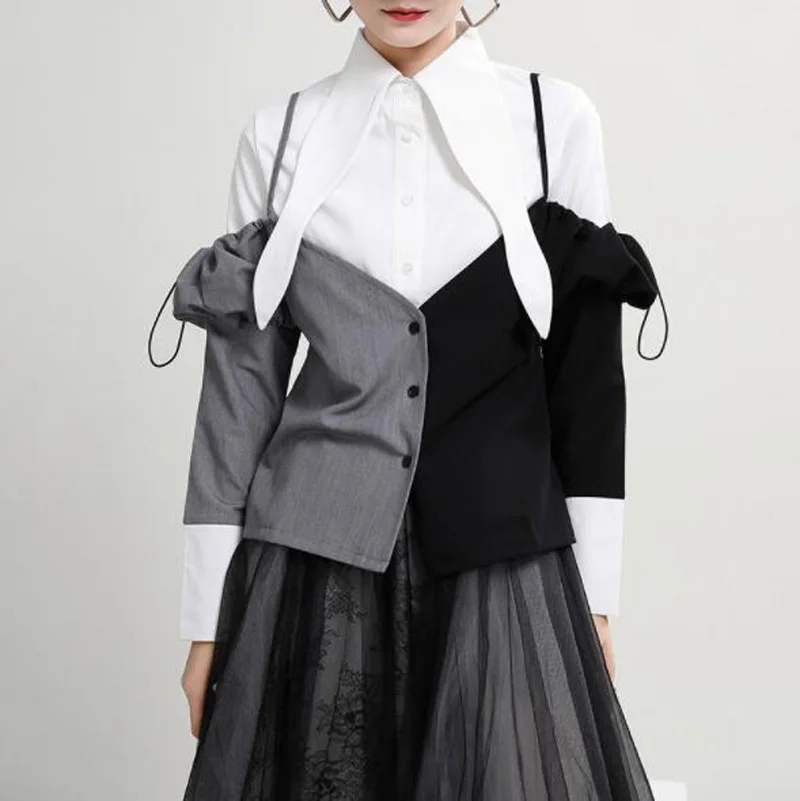 

Cultiseed Women New Fashion Color Patchwork Fake 2pc Spaghetti Strap Shirts Tops Female Long Sleeve Office Work Party Blouses