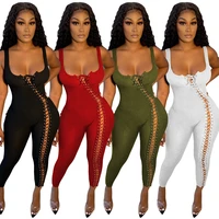 women jumpsuit solid sleeveless squar collar bandage stretchy bodycon skinny jumpsuits sexy fashion outfit summer 2021