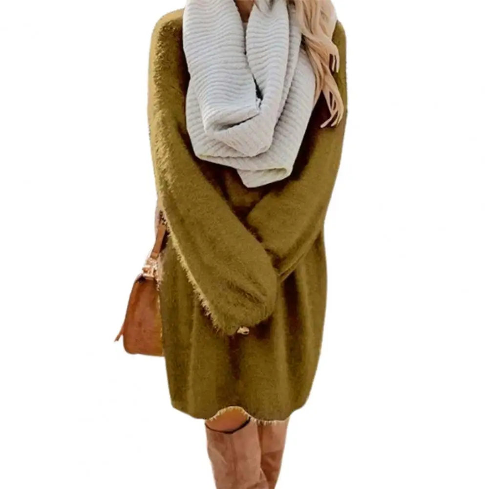 

Winter Dress Round Neck Knee Length Solid Color Casual Loose Sweater Long Sleeve Dress for Outdoor