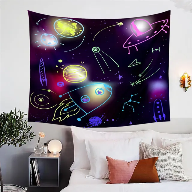 BlessLiving Space Tapestry Wall Hanging Galaxy Wall Carpet Cosmic Cartoon Sheets Watercolor Sheet Home Decor Spaceship Tapestry 2