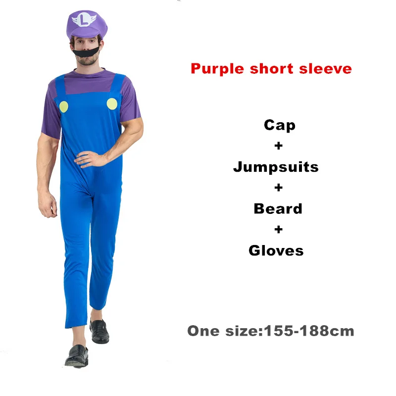 Purple short sleeve Взрослый Хэллоуин Супер Марио Детский костюм косплей семья Funy Luigi Bros сантехник Пурим костюм нарядное платье Рождественские Вечерние - Цвет: Purple short sleeve