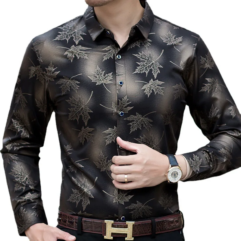 

Рубашка мужская с длинным рукавом, модная повседневная сорочка с принтом листьев, приталенная, одежда для отдыха, весна-осень